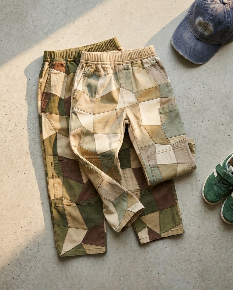 Two pairs of patchwork camo pants, sand over olive