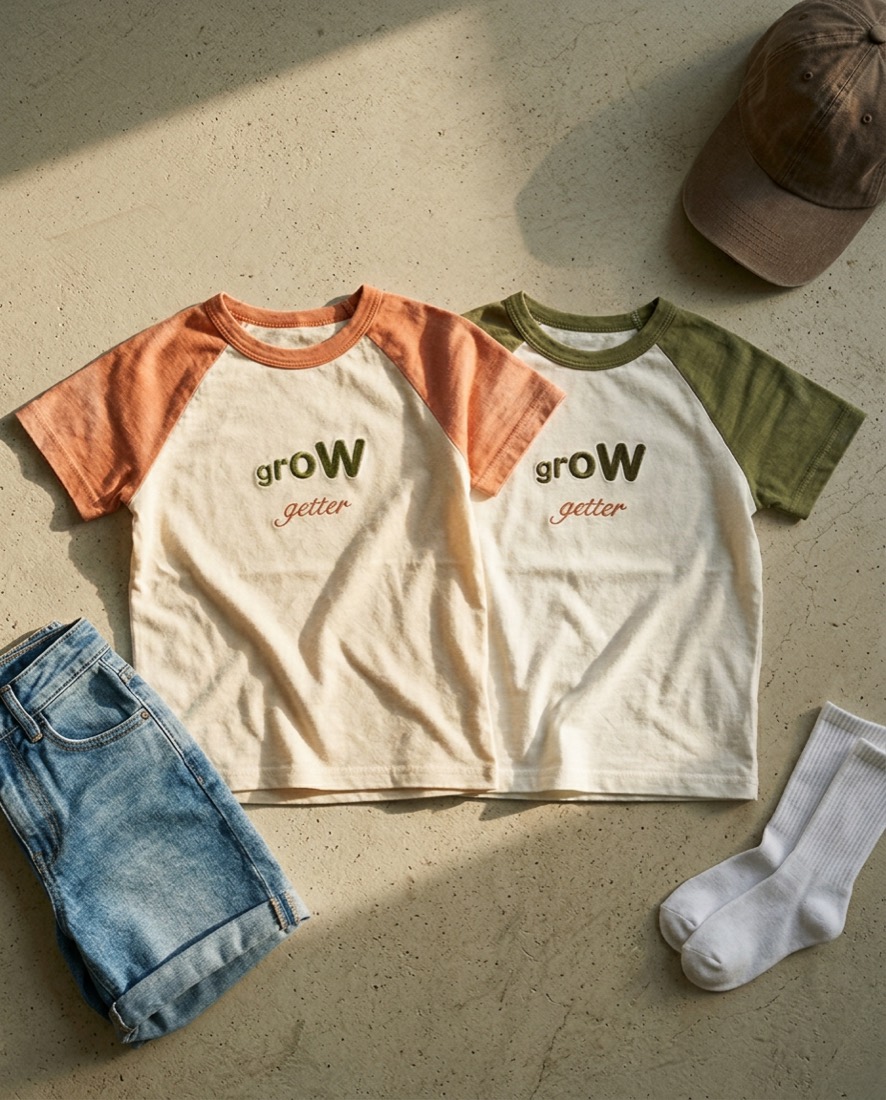 Two raglan tees embroidered grow getter, persimmon and olive sleeves